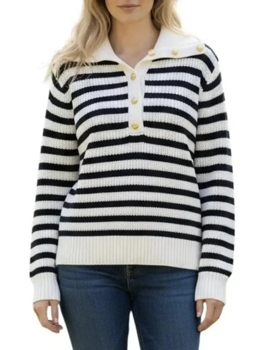 J. Crew Ribbed Button-Collar Sweater In Stripe Coastal Nautical Medium #A3054
